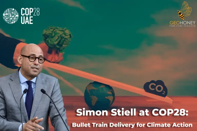 Simon Stiell at COP28 delivering a press conference on the urgent need for transformative climate action.